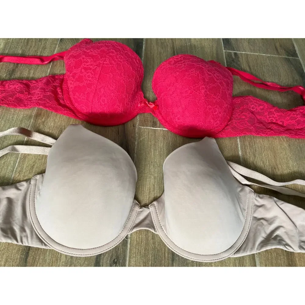 Victoria's Secret Bra 2 Pack T shirt Demi 36B Beige and Red Lace - Picture 2 of 6